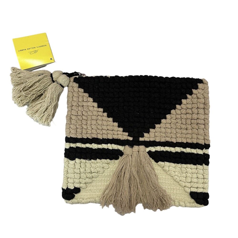 Roberta Roller Rabbit Cotton Alexia Zipper pouch Neutral Black Cream Tassel